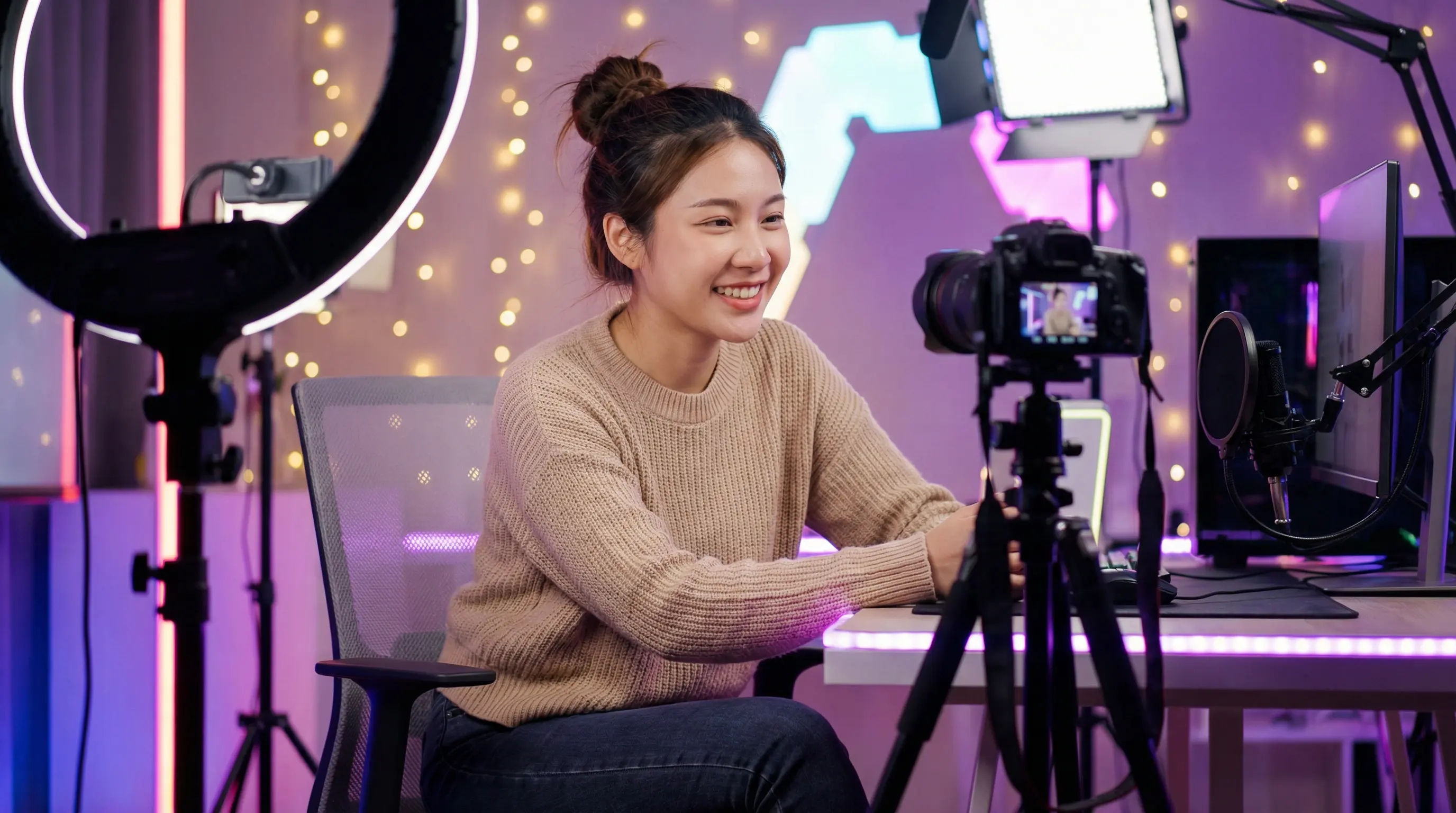 国产原创视频创作者在专业工作室录制视频